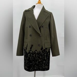 Banana Republic Flocked Hem Pea Coat Wool Velvet Green Double Black Medium NEW